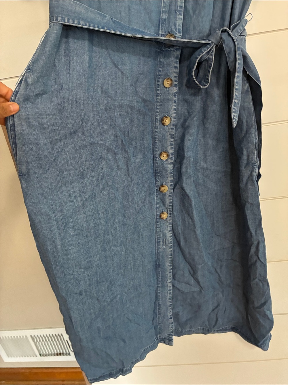 Quince Blue Button-Front Denim Midi Dress with Tie Waist - Picture 11 of 12